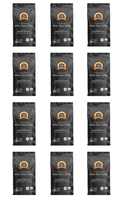 Twelve identical bags of Alex's Low Acid Organic Coffee™ - Espresso Whole Bean (12oz) by Alex's Low Acid Coffee are arranged in a 3x4 grid on a white background, each black bag displaying orange and green labels with organic certification and details.