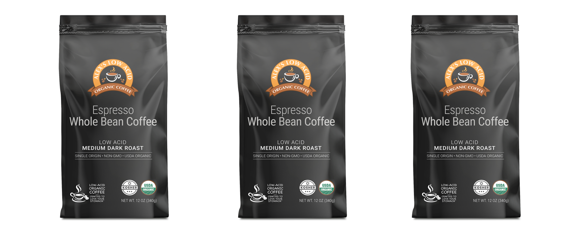 Three black bags of Alex's Low Acid Organic Coffee™ - Espresso Whole Bean (12oz) by Alex's Low Acid Coffee, USDA Organic certified, each featuring a brown lion logo at the top. The background is plain white.