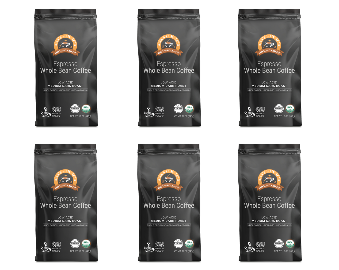 Six bags of Alex's Low Acid Organic Coffee™ - Espresso Whole Bean (12oz) by Alex's Low Acid Coffee, labeled Medium Dark Roast, are arranged in two rows of three. Each black bag features a brown circular logo and certification icons at the bottom.