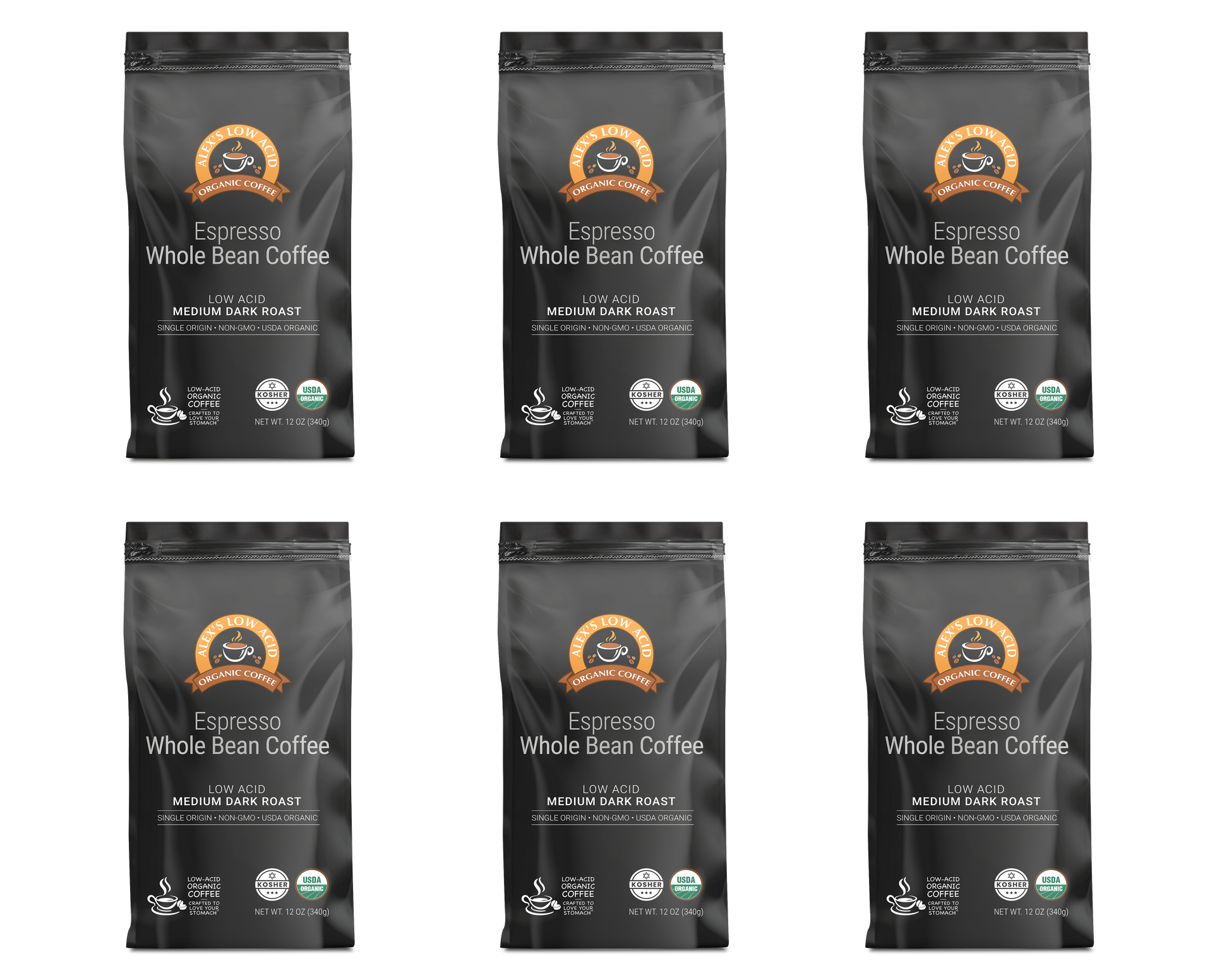 Six bags of Alex's Low Acid Organic Coffee™ - Espresso Whole Bean (12oz) by Alex's Low Acid Coffee, labeled Medium Dark Roast, are arranged in two rows of three. Each black bag features a brown circular logo and certification icons at the bottom.