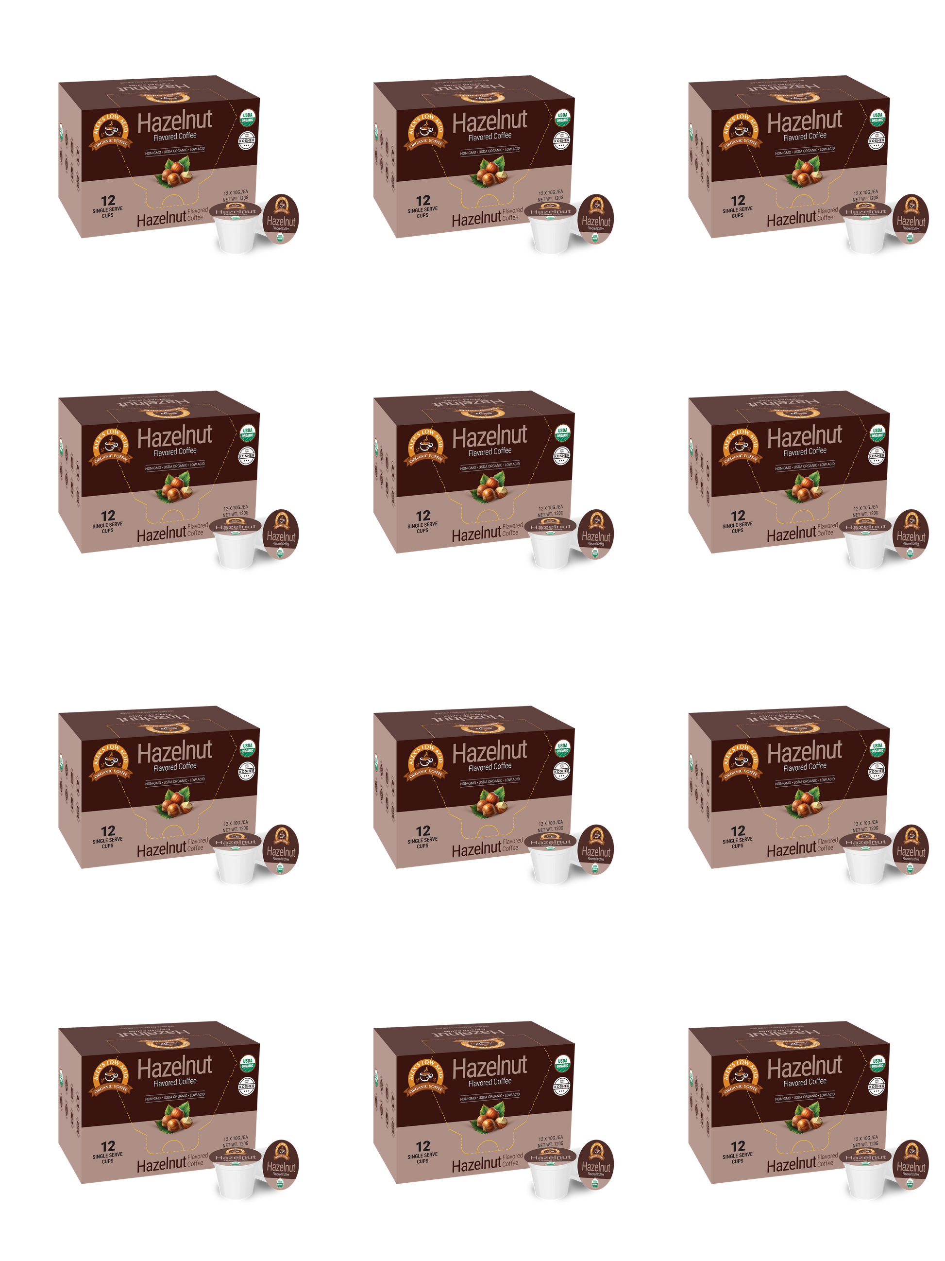 Twelve identical boxes of Alex’s Low Acid Organic Coffee™ Single Serve Flavored Cups - Hazelnut by Alex's Low-Acid Organic Coffee are arranged in a 4x3 grid. Each brown box shows a pod and a cup of heartburn-friendly hazelnut coffee.