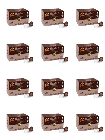 Twelve identical boxes of Alex’s Low Acid Organic Coffee™ Single Serve Flavored Cups - Hazelnut by Alex's Low-Acid Organic Coffee are arranged in a 4x3 grid. Each brown box shows a pod and a cup of heartburn-friendly hazelnut coffee.