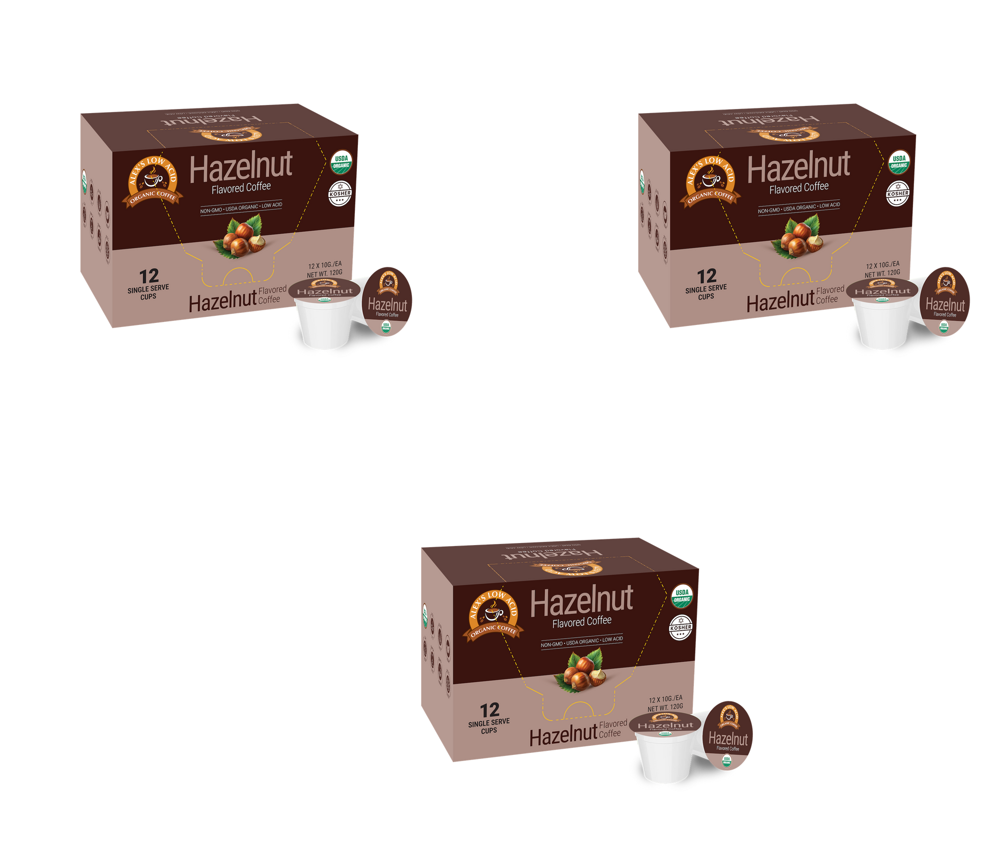 Three boxes of Alex's Low Acid Organic Coffee™ Hazelnut Single Serve Flavored Cups (12 per box) from Alex's Low-Acid Organic Coffee are arranged in a triangle on a white background, with heartburn-friendly pods displayed in front.