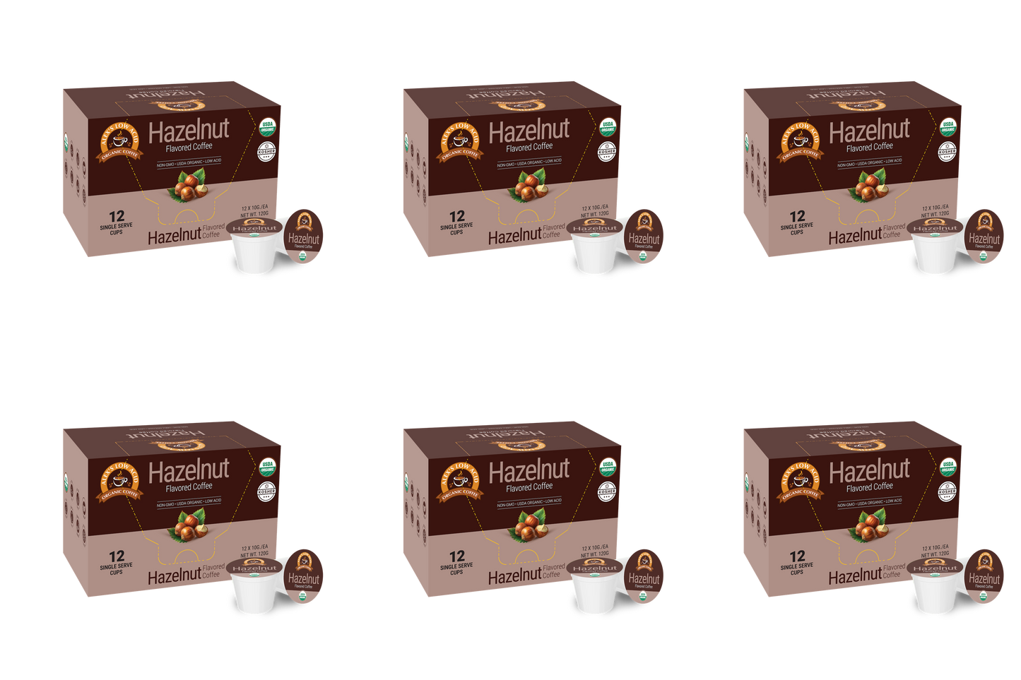 Six boxes of Alex's Low Acid Organic Coffee™ Single Serve Flavored Cups - Hazelnut by Alex's Low-Acid Organic Coffee are arranged in two rows on a white background, each with two heartburn-friendly, low-acid coffee pods placed in front.