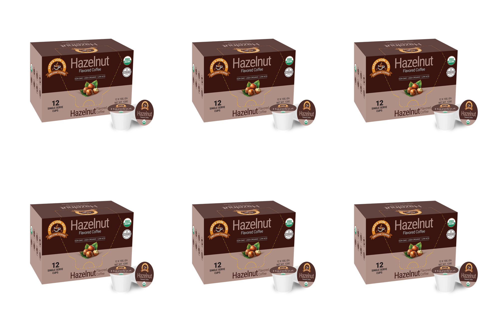Six boxes of Alex's Low Acid Organic Coffee™ Single Serve Flavored Cups - Hazelnut by Alex's Low-Acid Organic Coffee are arranged in two rows on a white background, each with two heartburn-friendly, low-acid coffee pods placed in front.