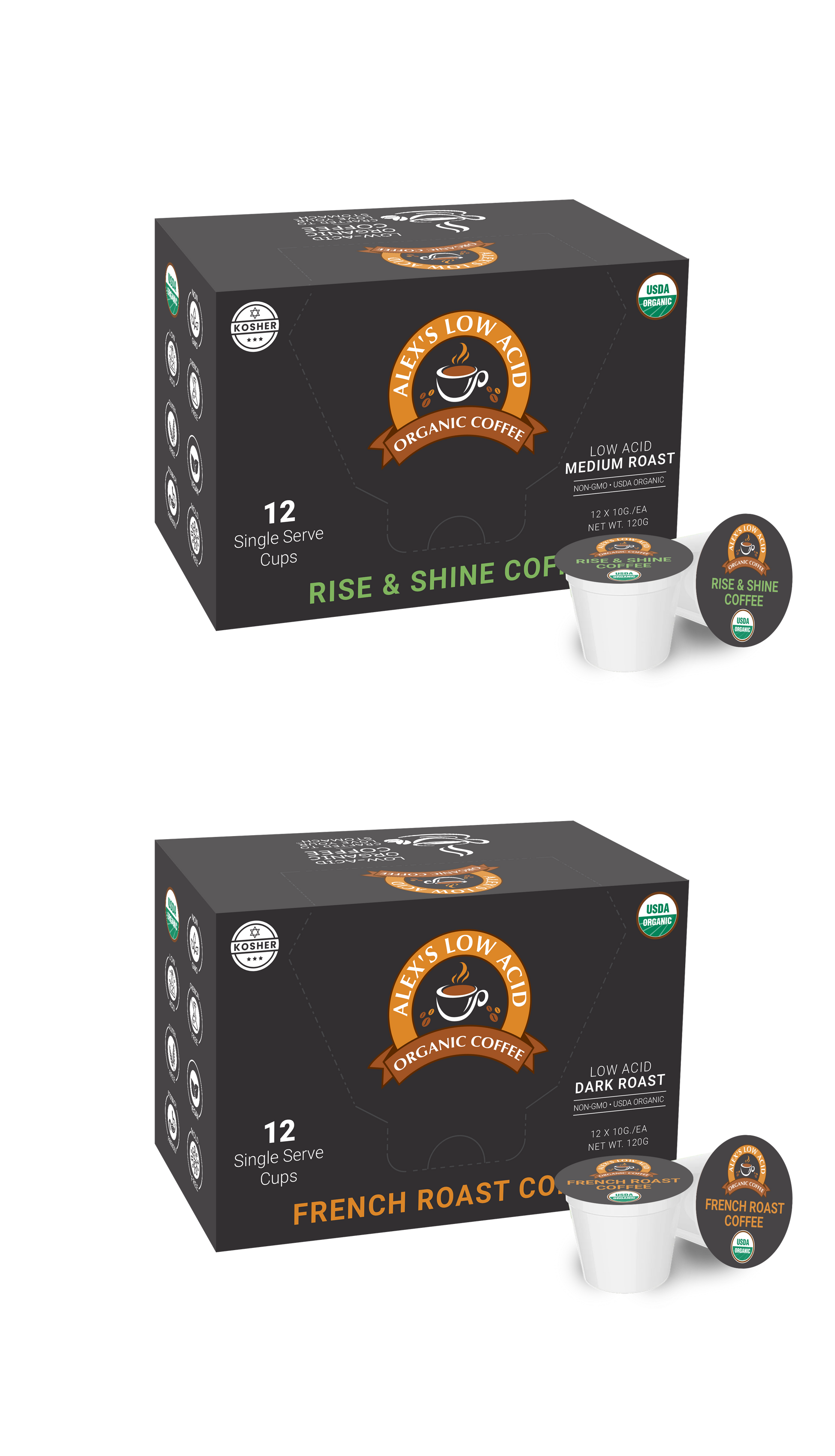 Two boxes of Alex's Low-Acid Organic Coffee™ Caffeine Fiend Single Serve Cups Variety Pack by Alex's Low Acid Coffee, labeled Rise & Shine Medium Roast and French Roast. Each box contains 12 low-acid organic coffee pods.