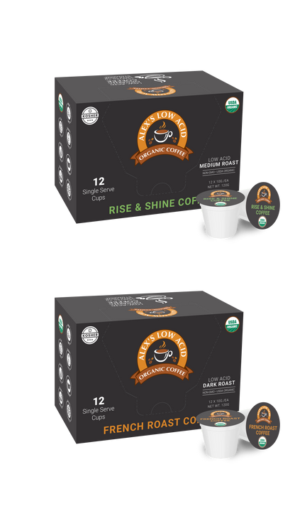 Two boxes of Alex's Low-Acid Organic Coffee™ Caffeine Fiend Single Serve Cups Variety Pack by Alex's Low Acid Coffee, labeled Rise & Shine Medium Roast and French Roast. Each box contains 12 low-acid organic coffee pods.