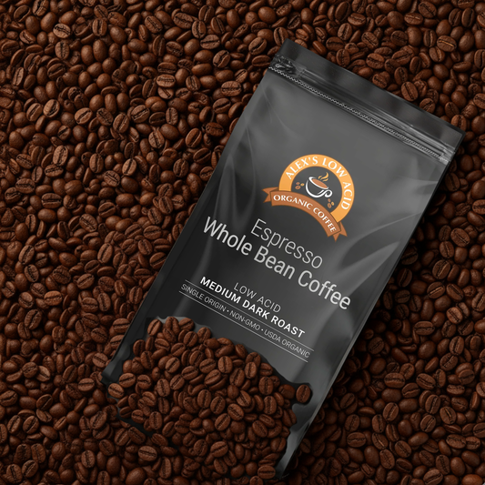 Alex's Low Acid Organic Coffee™ - Espresso Whole Bean (12oz) by Alex's Low Acid Coffee offers a rich, aromatic brew at home, ideal for those seeking smooth, low-acid espresso from premium whole beans.