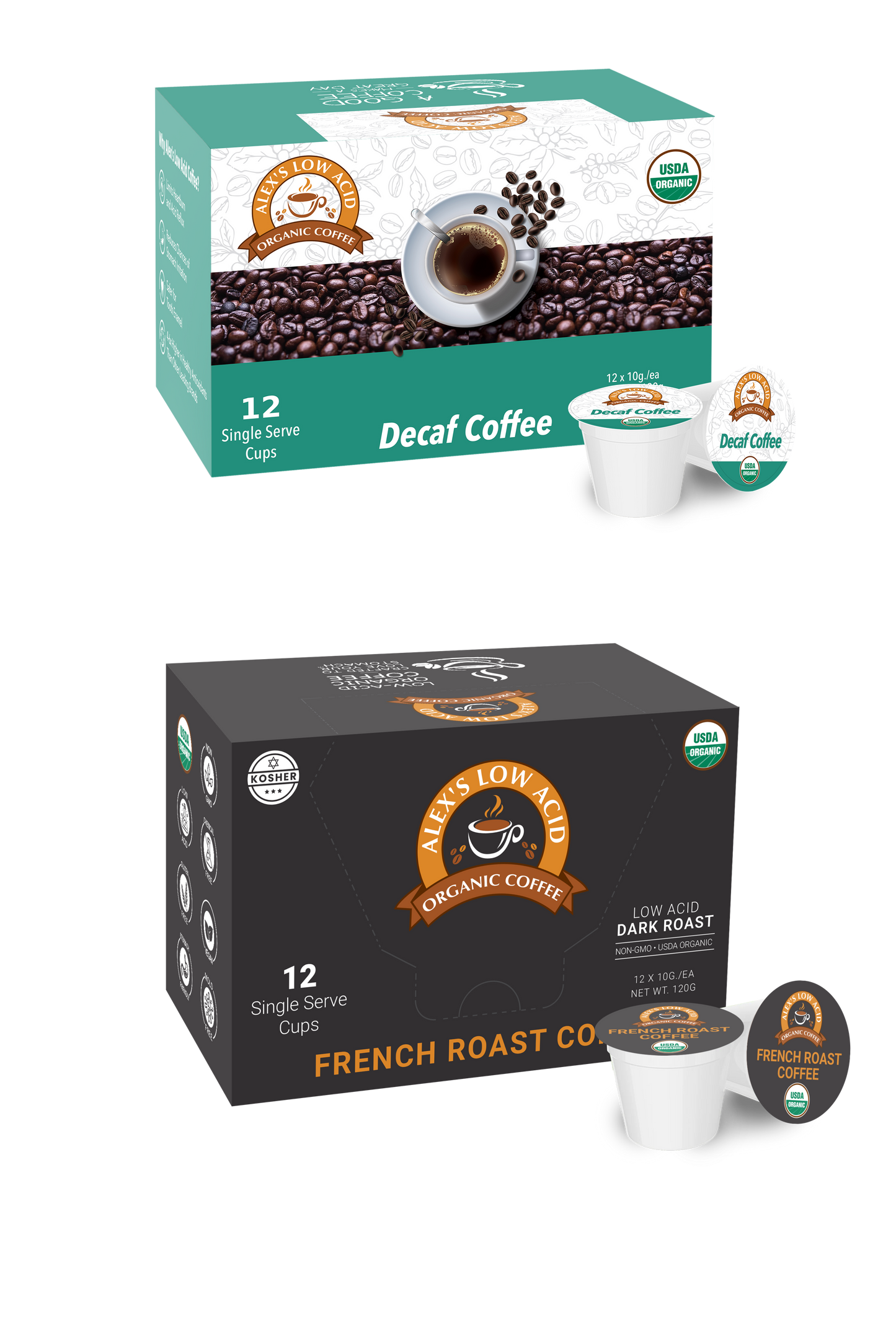 Alex's Low-Acid Organic Coffee™ Perfectly Prepared Host Single Serve Cups Variety Pack by Alex's Low Acid Coffee includes two boxes—Decaf Coffee (light green) and French Roast (black), each with 12 organic pods for smooth, low-acid coffee anytime.
