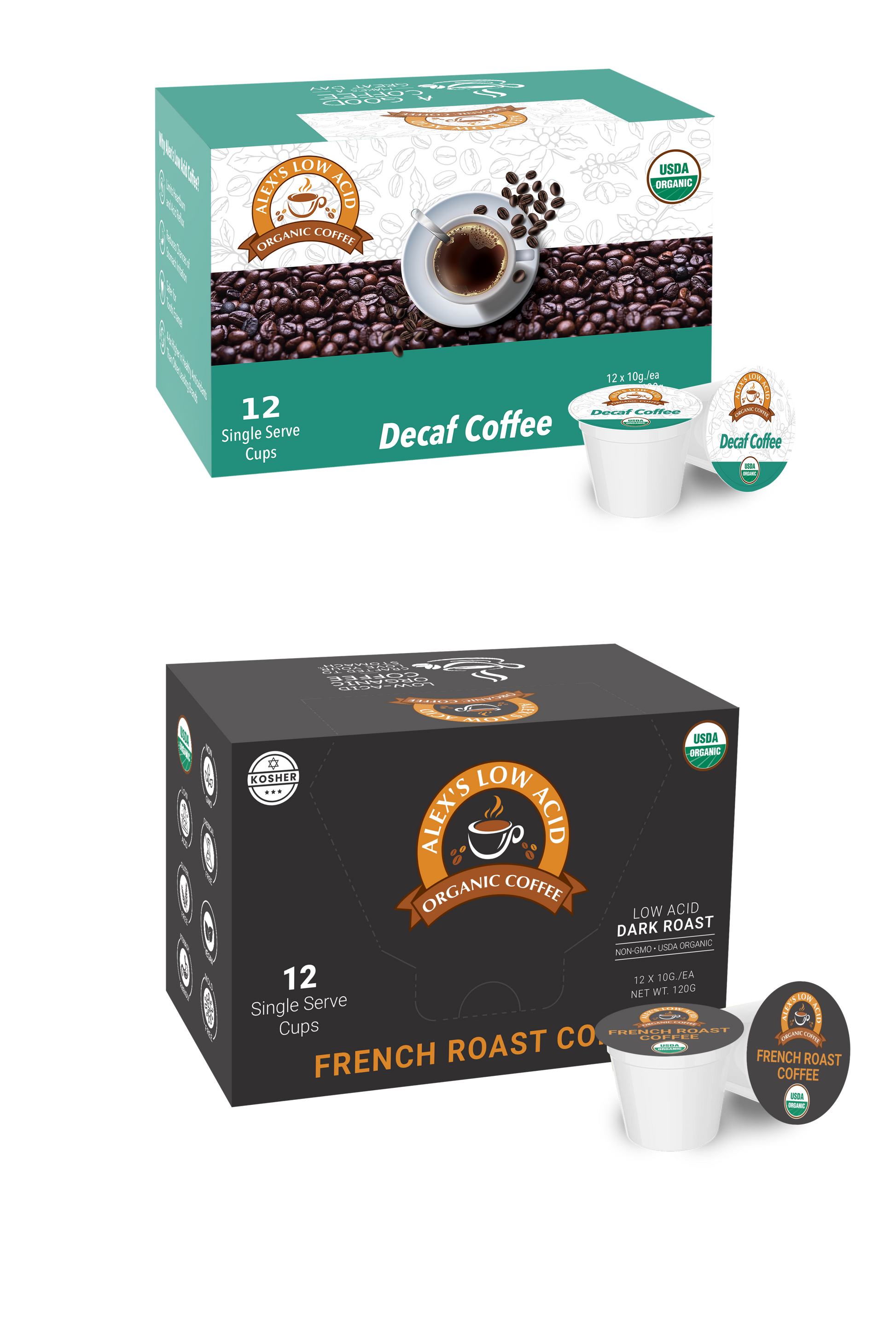 Alex's Low-Acid Organic Coffee™ Perfectly Prepared Host Single Serve Cups Variety Pack by Alex's Low Acid Coffee includes two boxes—Decaf Coffee (light green) and French Roast (black), each with 12 organic pods for smooth, low-acid coffee anytime.