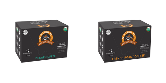 Two boxes of Alex's Low Acid Coffee™ single serve cups are shown: one Decaf (teal text), the other French Roast (gold). Both feature the brand logo and indicate 12 organic, low-acid coffee pods inside.