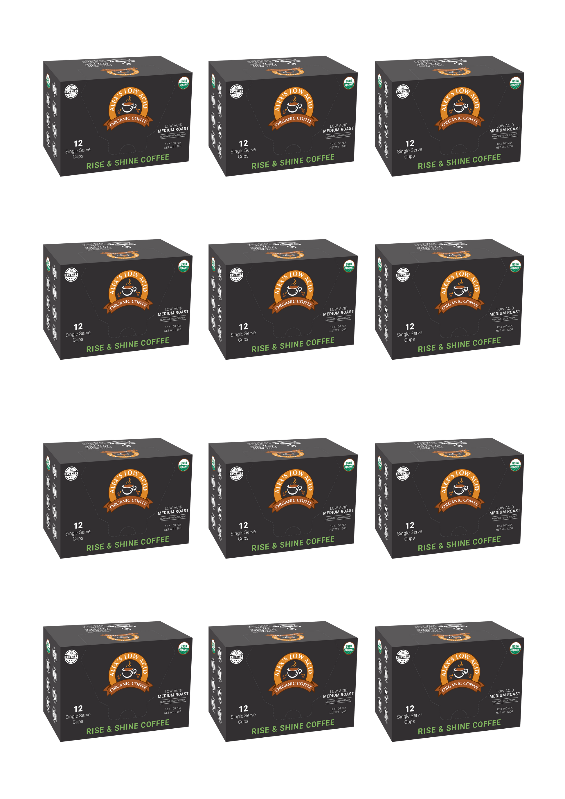 Twelve boxes of Alex's Low-Acid Organic Coffee™ Single Serve Cups - Rise & Shine by Alex's Low Acid Coffee are arranged in a grid. Each black box with orange and white graphics contains 12 low-acid, organic single-serve cups.