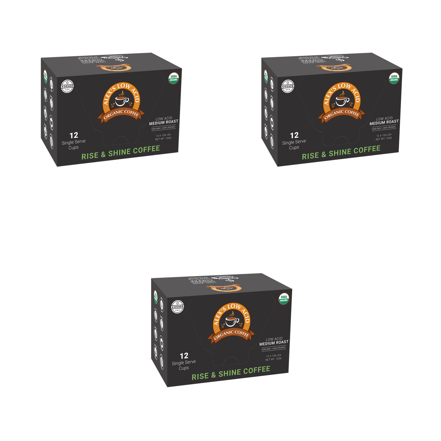 Three boxes of Alex's Low-Acid Organic Coffee™ Single Serve Cups - Rise & Shine by Alex's Low Acid Coffee, each with 12 cups, are arranged in a triangular pattern on a white background. Each box features an orange and black organic coffee logo.