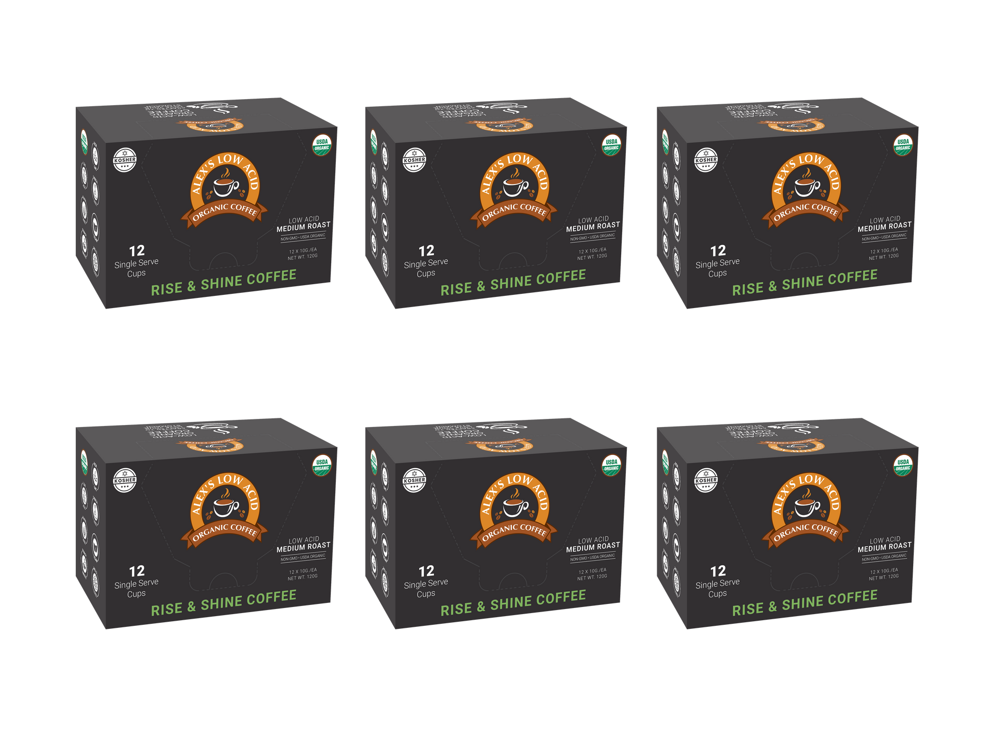 Six boxes of Alex's Low-Acid Organic Coffee™ Single Serve Cups - Rise & Shine by Alex's Low Acid Coffee are arranged in two rows of three. Each black box holds 12 cups and features an orange and white logo with a coffee cup illustration.