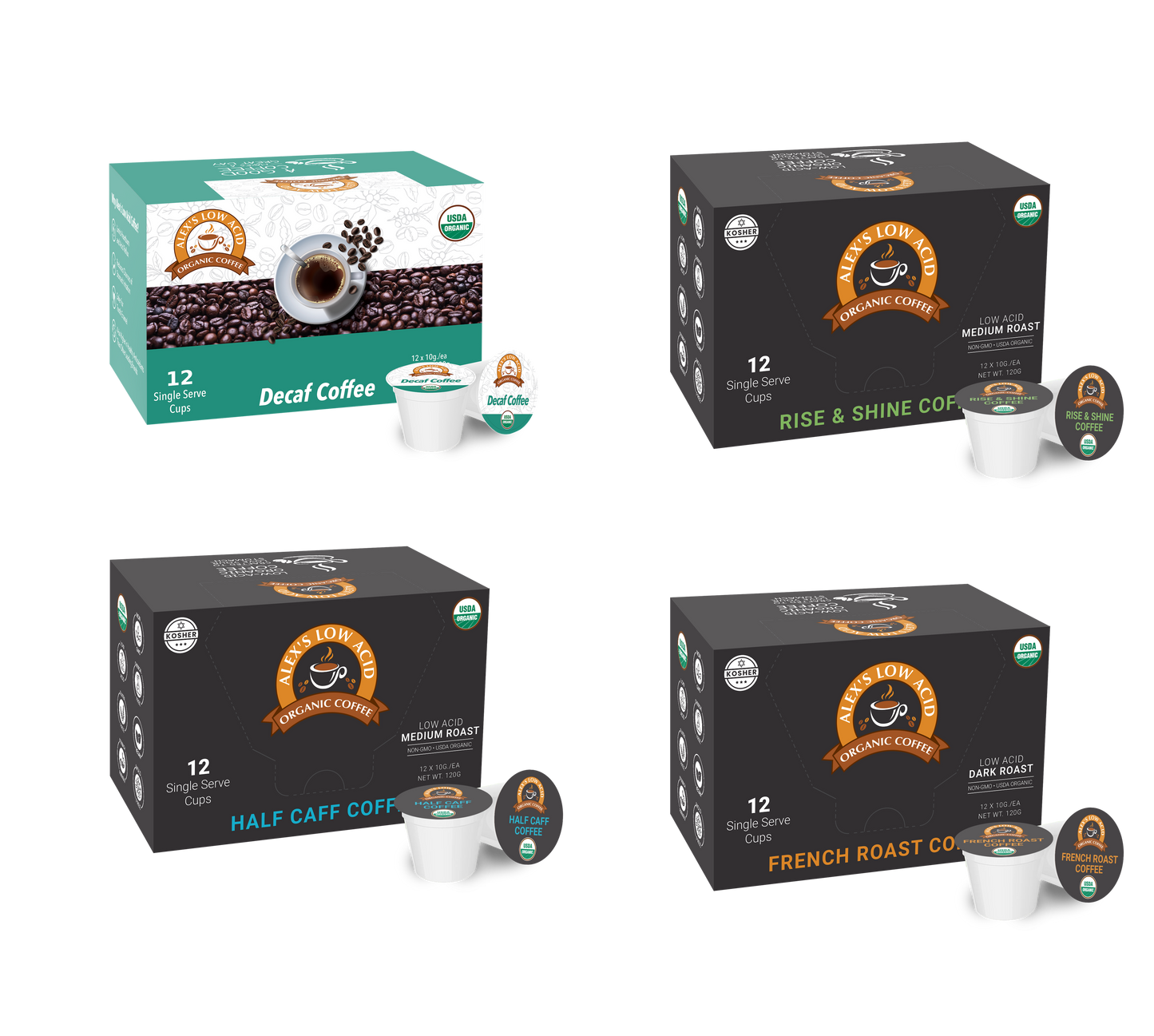Four boxes of Alex's Low Acid Coffee’s Low-Acid Organic Coffee™ Ultimate Single Serve Cups Variety Pack are shown: a green and brown decaf box (top left), and three black boxes labeled Rise & Shine, Half Caff, and French Roast, each with a pod beside it.