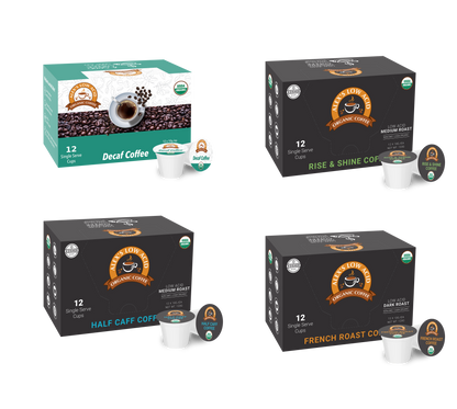 Four boxes of Alex's Low Acid Coffee’s Low-Acid Organic Coffee™ Ultimate Single Serve Cups Variety Pack are shown: a green and brown decaf box (top left), and three black boxes labeled Rise & Shine, Half Caff, and French Roast, each with a pod beside it.