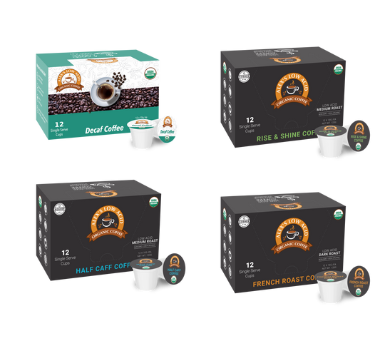 Four boxes of Alex's Low Acid Coffee’s Low-Acid Organic Coffee™ Ultimate Single Serve Cups Variety Pack are shown: a green and brown decaf box (top left), and three black boxes labeled Rise & Shine, Half Caff, and French Roast, each with a pod beside it.