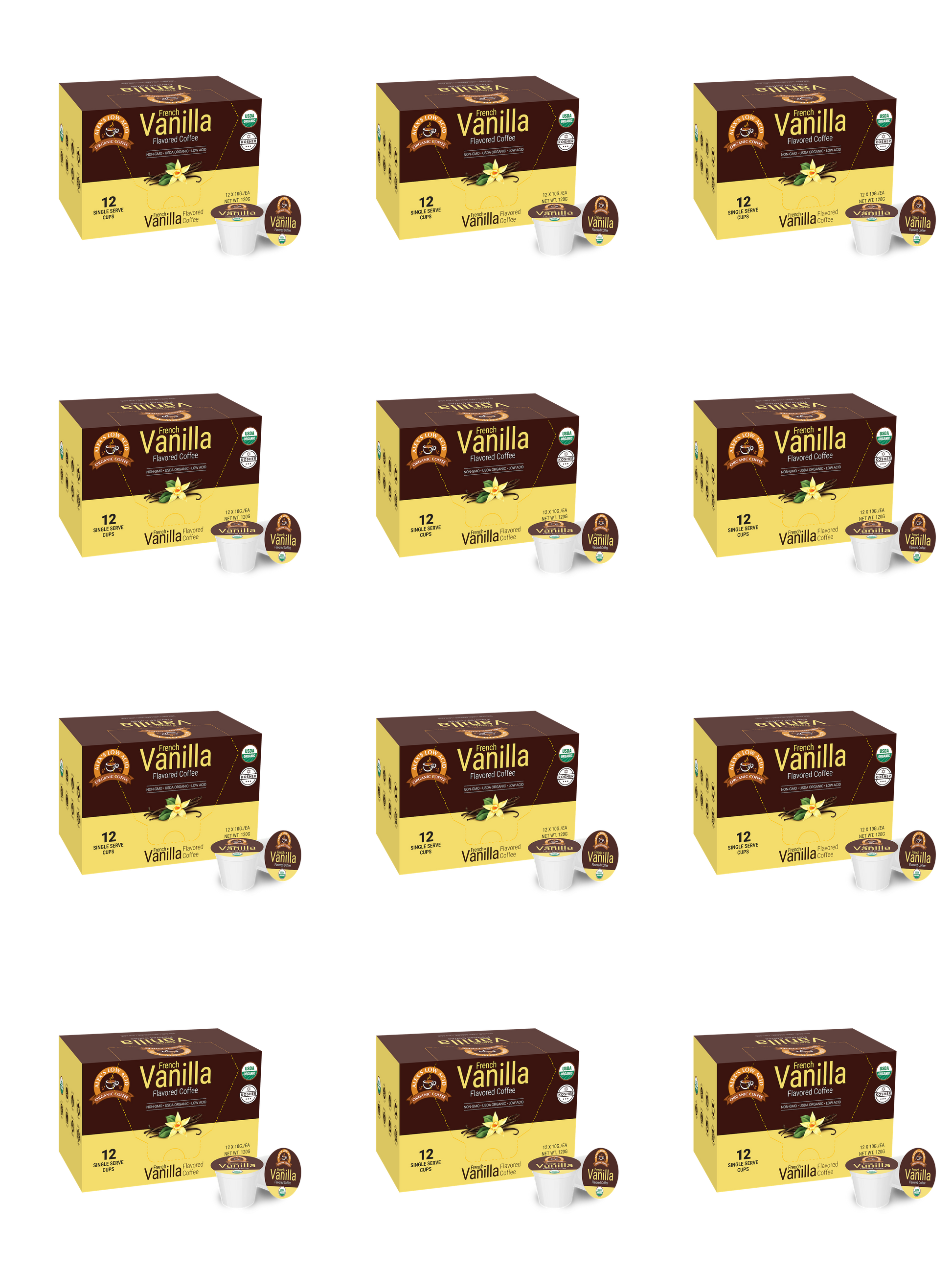A grid of twelve Alex's Low Acid Organic Coffee™ Single Serve Flavored Cups - Vanilla boxes, each labeled “12 single serve cups” and “Vanilla” with a yellow-brown design, features heartburn-friendly, low acid coffee on a white background.