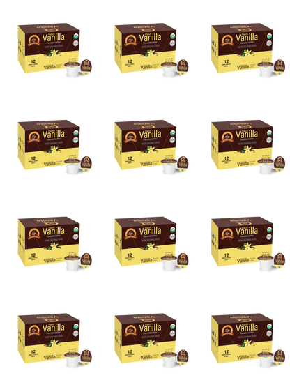 A grid of twelve Alex's Low Acid Organic Coffee™ Single Serve Flavored Cups - Vanilla boxes, each labeled “12 single serve cups” and “Vanilla” with a yellow-brown design, features heartburn-friendly, low acid coffee on a white background.