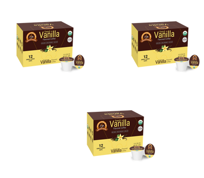 Three boxes of Alex's Low Acid Organic Coffee™ Single Serve Flavored Cups - Vanilla, each containing 12 pods, are shown on a white background; a cup and pod are placed in front of each box.