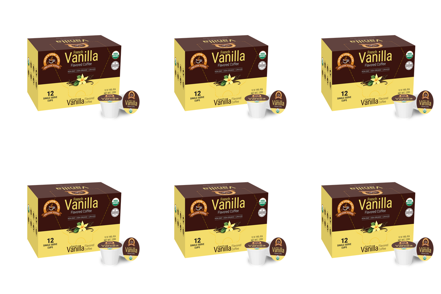 Six boxes of Alex's Low Acid Organic Coffee™ Single Serve Flavored Cups - Vanilla by Alex's Low-Acid Organic Coffee, each with one pod beside it, are arranged in two rows of three on a white background.