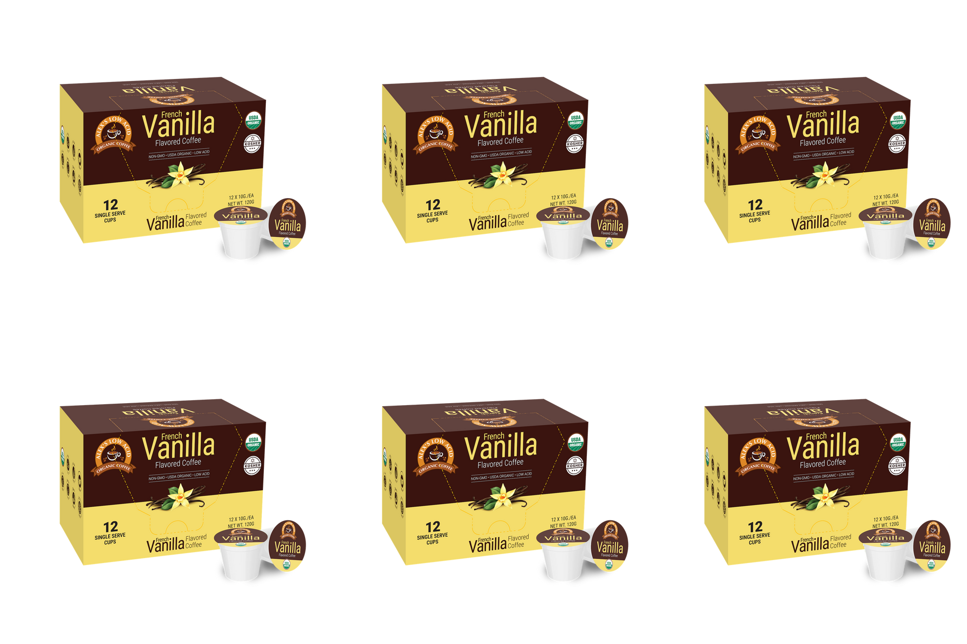 Six boxes of Alex's Low Acid Organic Coffee™ Single Serve Flavored Cups - Vanilla by Alex's Low-Acid Organic Coffee, each with one pod beside it, are arranged in two rows of three on a white background.
