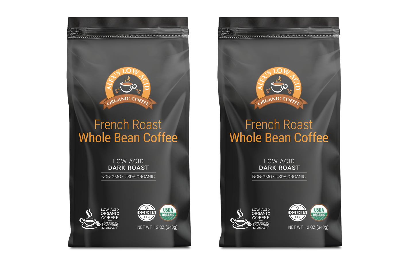 Enjoy Alex's Low-Acid Organic Coffee™ - Whole Bean Variety Pack (12oz, 2-pack) by Alex's Low Acid Coffee. Certified USDA Organic, Non-GMO, Kosher, and Dark Roast for a rich flavor in every low-acid whole bean cup.