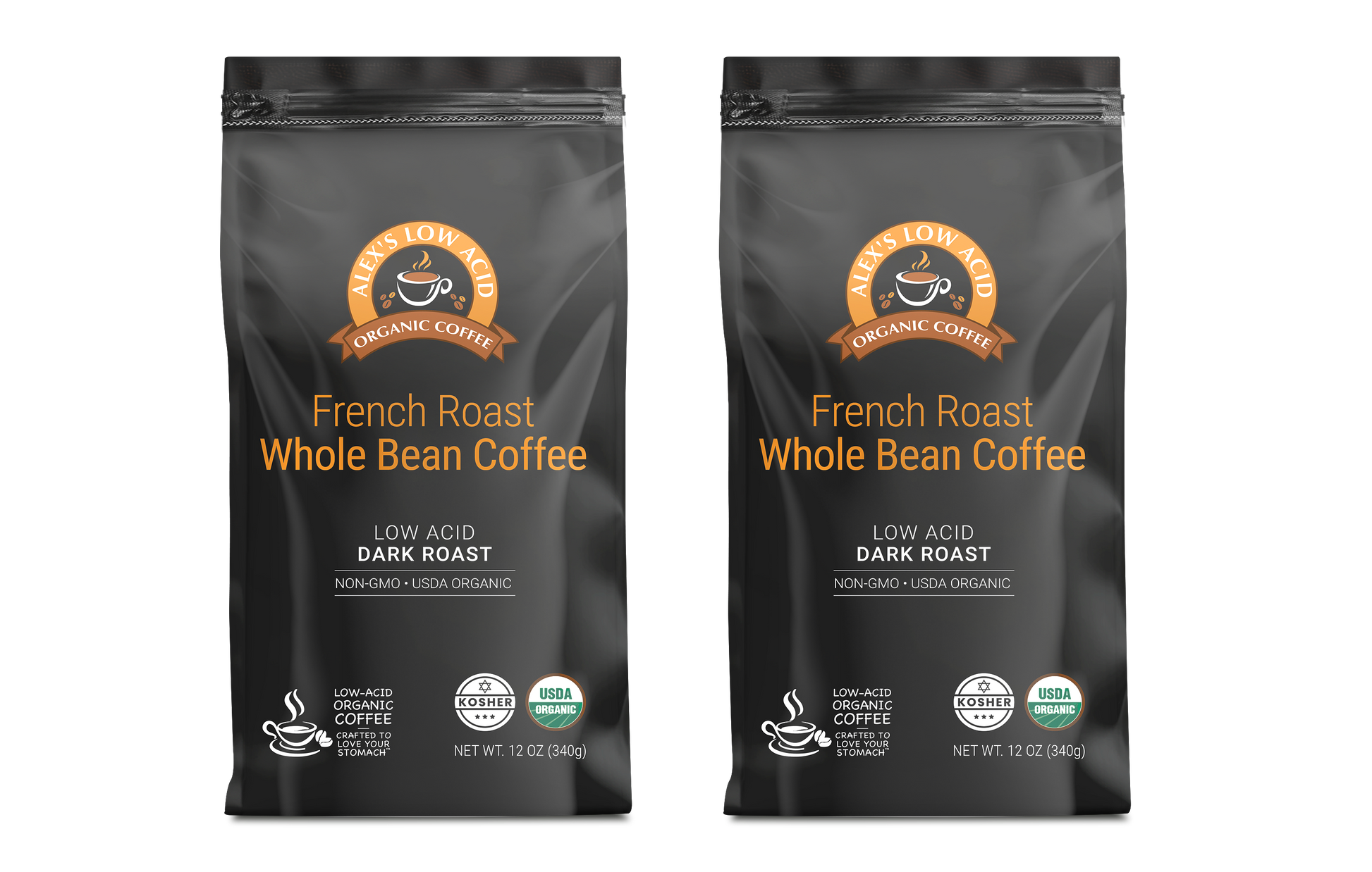 Enjoy Alex's Low-Acid Organic Coffee™ - Whole Bean Variety Pack (12oz, 2-pack) by Alex's Low Acid Coffee. Certified USDA Organic, Non-GMO, Kosher, and Dark Roast for a rich flavor in every low-acid whole bean cup.