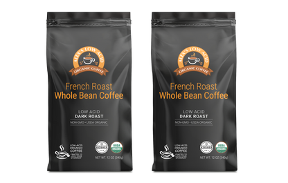 Enjoy Alex's Low-Acid Organic Coffee™ - Whole Bean Variety Pack (12oz, 2-pack) by Alex's Low Acid Coffee. Certified USDA Organic, Non-GMO, Kosher, and Dark Roast for a rich flavor in every low-acid whole bean cup.