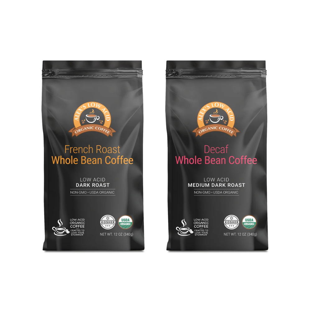 Alex's Low Acid Coffee offers a Whole Bean Variety Pack (12oz) with two bags: French Roast, Dark, and Organic Decaf, Medium Dark. Both are low-acid and display certification logos. Product name: Alex's Low-Acid Organic Coffee™.