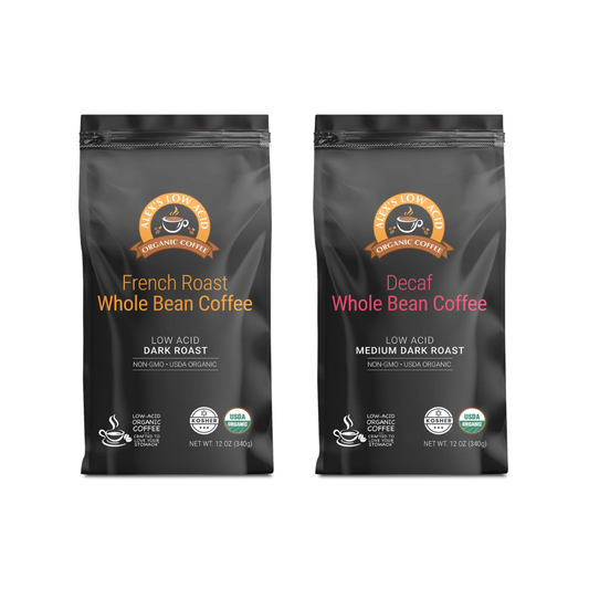 Alex's Low Acid Coffee offers a Whole Bean Variety Pack (12oz) with two bags: French Roast, Dark, and Organic Decaf, Medium Dark. Both are low-acid and display certification logos. Product name: Alex's Low-Acid Organic Coffee™.