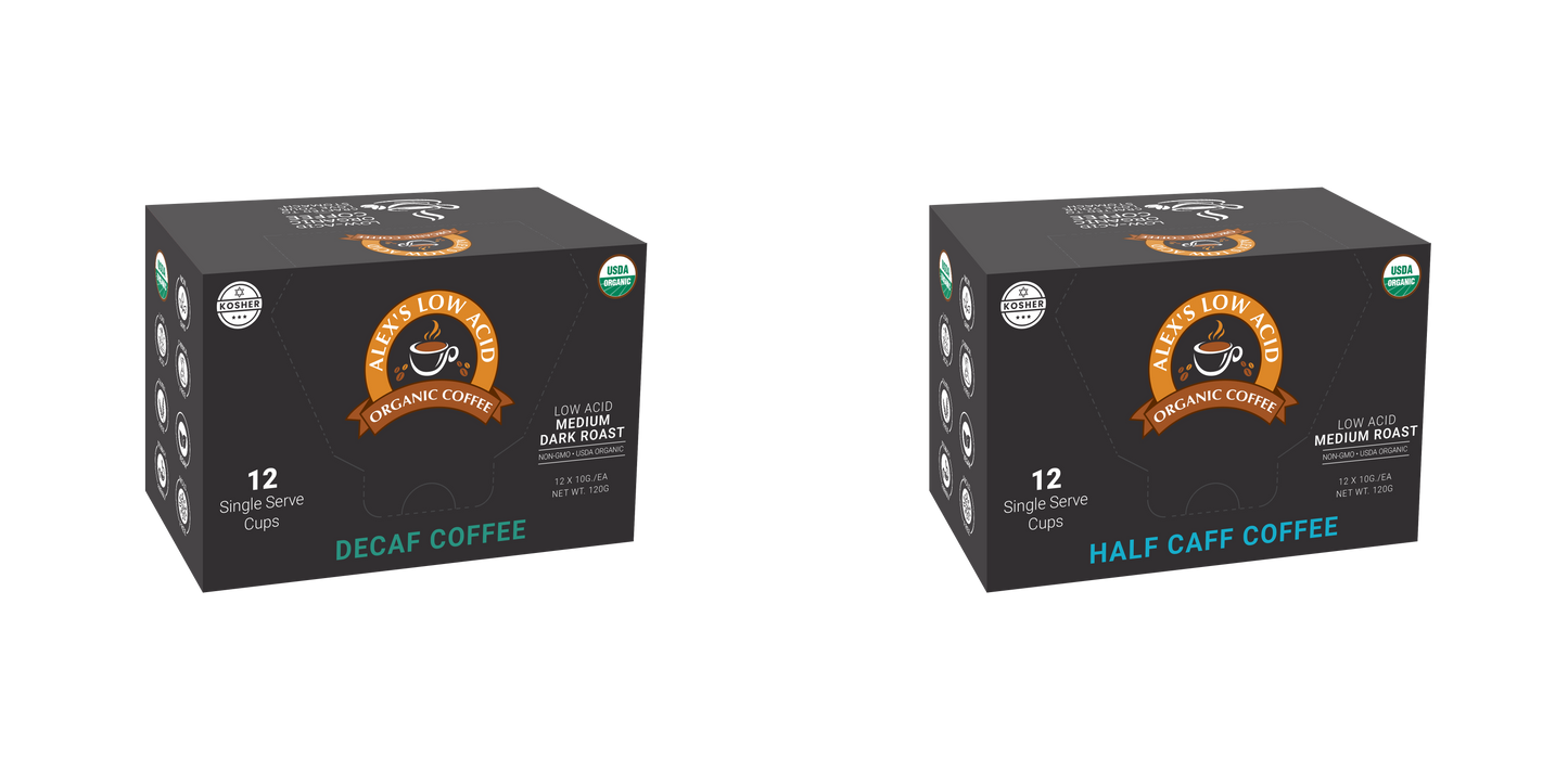 Two boxes of Alex's Low Acid Coffee Wind Down Single Serve Cups Variety Pack—each contains 12 organic decaf and half caff cups in a sleek black box with a coffee cup logo for smooth, low-acid coffee every day.