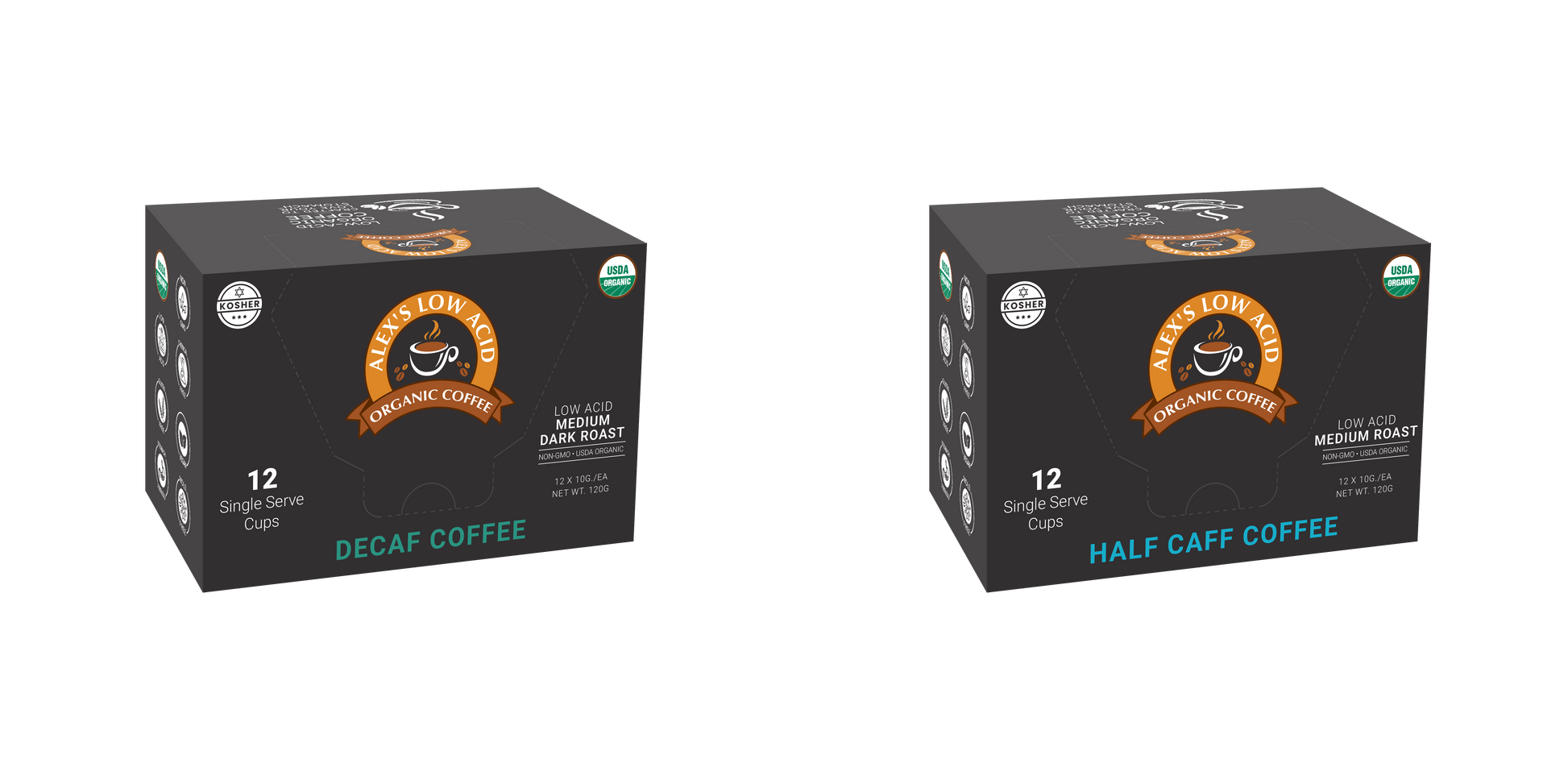 Two boxes of Alex's Low Acid Coffee Wind Down Single Serve Cups Variety Pack—each contains 12 organic decaf and half caff cups in a sleek black box with a coffee cup logo for smooth, low-acid coffee every day.