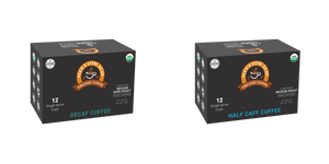Two boxes of Alex's Low Acid Coffee Wind Down Single Serve Cups Variety Pack—each contains 12 organic decaf and half caff cups in a sleek black box with a coffee cup logo for smooth, low-acid coffee every day.
