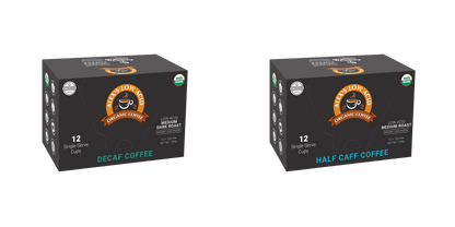 Two boxes of Alex's Low Acid Coffee Wind Down Single Serve Cups Variety Pack—each contains 12 organic decaf and half caff cups in a sleek black box with a coffee cup logo for smooth, low-acid coffee every day.