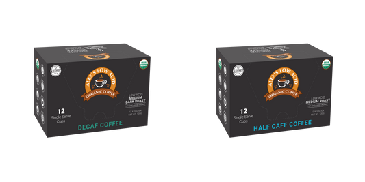 Two boxes of Alex's Low Acid Coffee Wind Down Single Serve Cups Variety Pack—each contains 12 organic decaf and half caff cups in a sleek black box with a coffee cup logo for smooth, low-acid coffee every day.