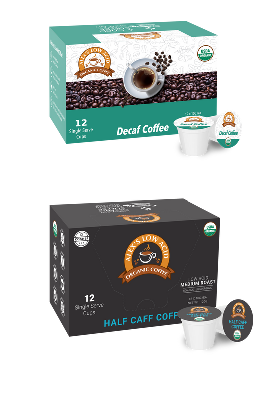 Alex's Low-Acid Organic Coffee™ Wind Down Single Serve Cups Variety Pack by Alex's Low Acid Coffee includes Decaf (teal/white) and Half Caff (black) pods, both offering rich, organic, low acid coffee in convenient single serve cups.
