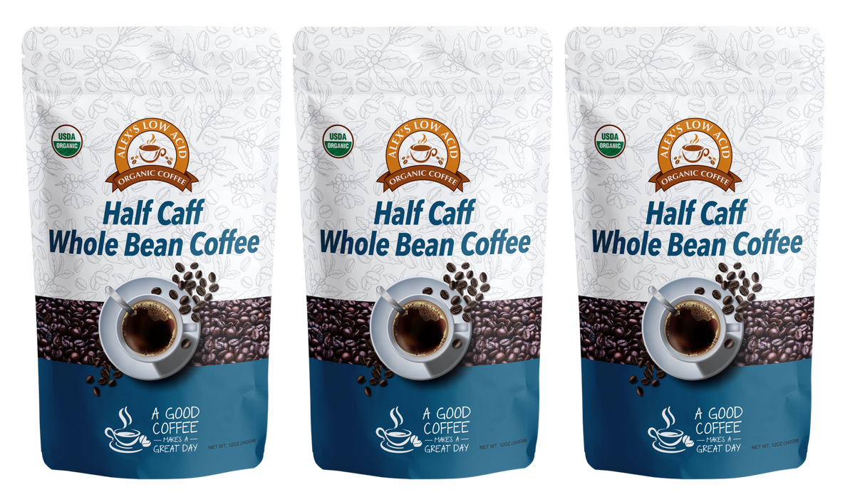 Curated visual reference: Fresh Look at Alex S Low Acid Organic Coffee Half Caff Whole Bean