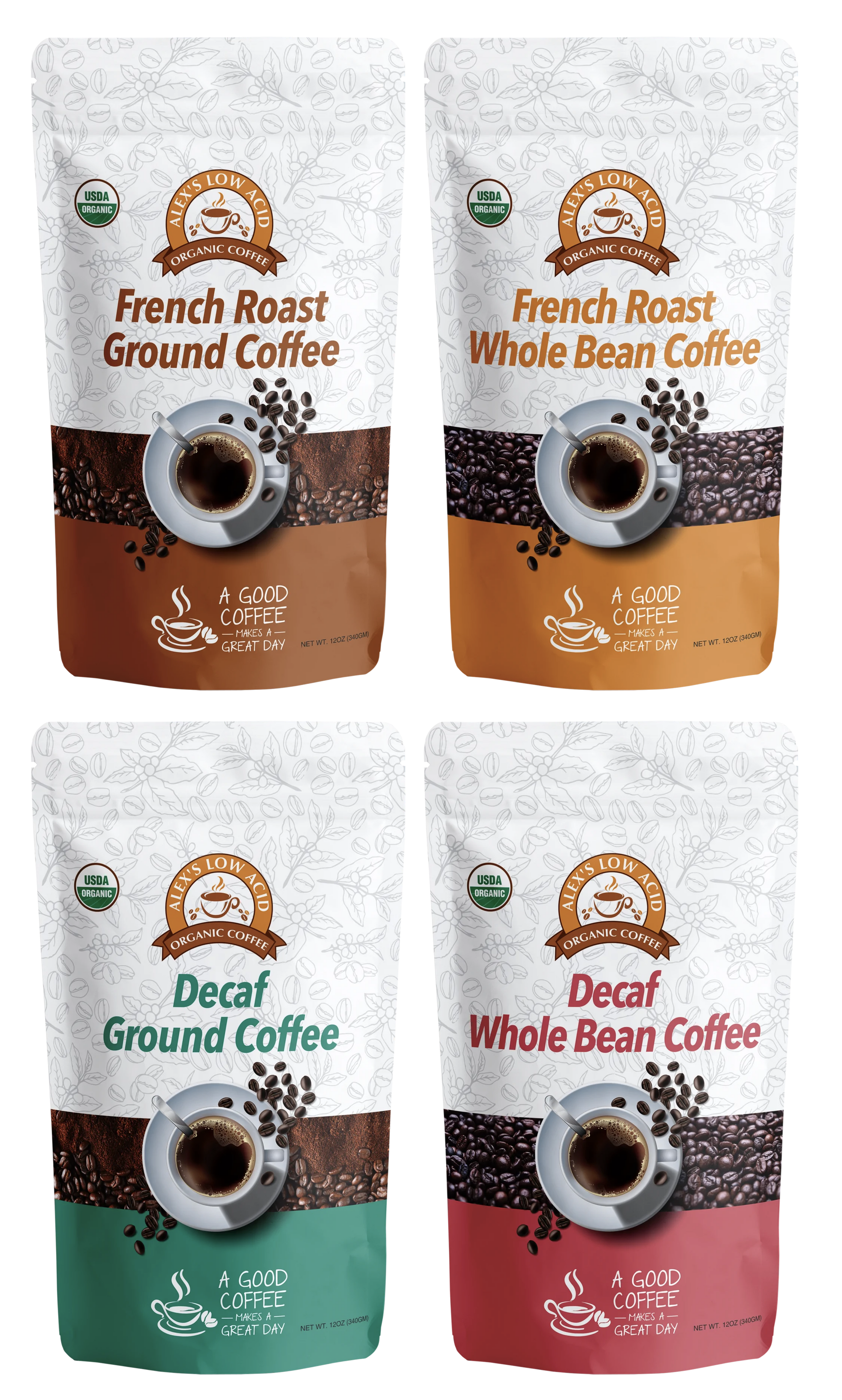 Alex's Low-Acid Organic Coffee™ - 4-Bag Variety Pack (12oz)