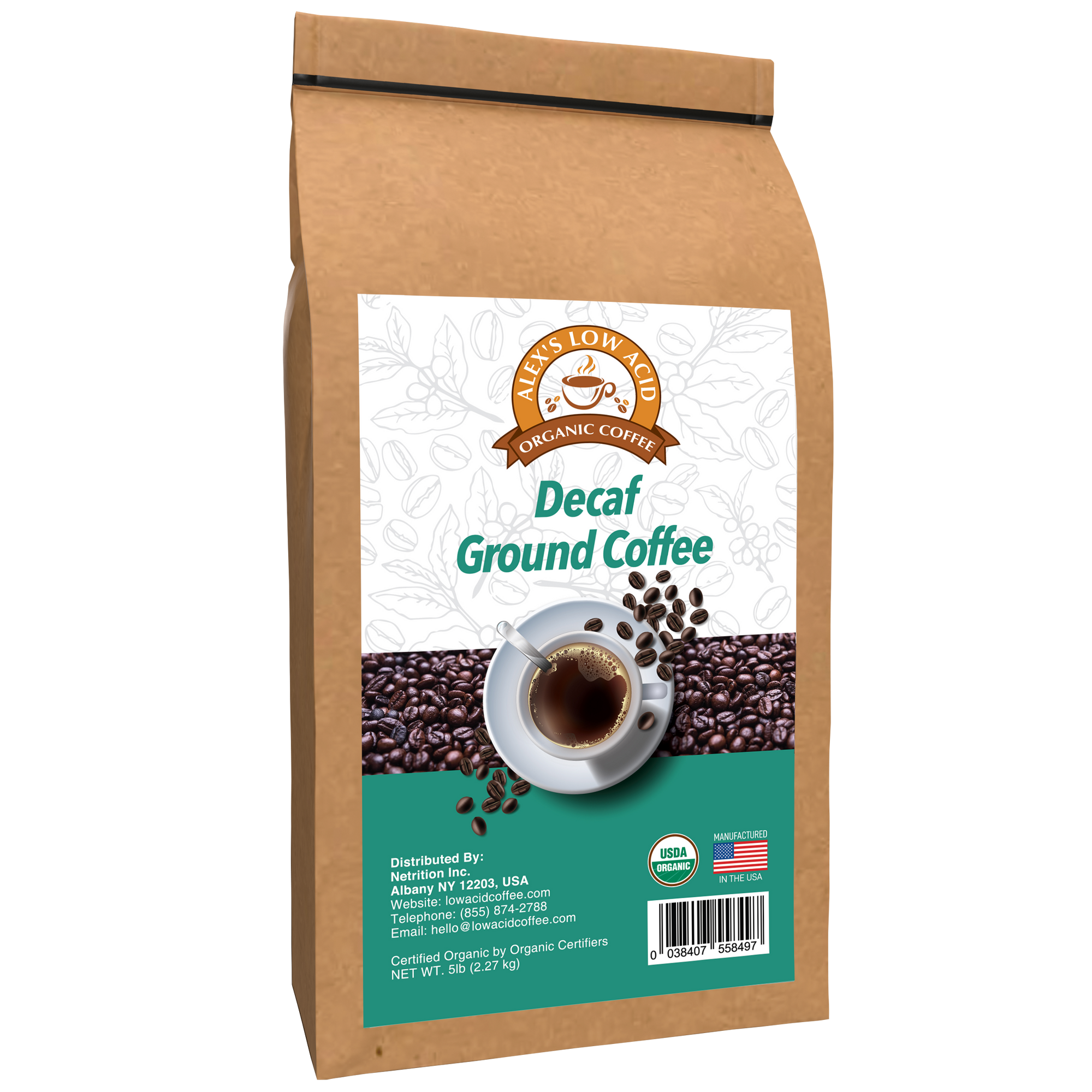 Alex's Low-Acid Organic Coffee™ - Decaf Fresh Ground (5lbs)