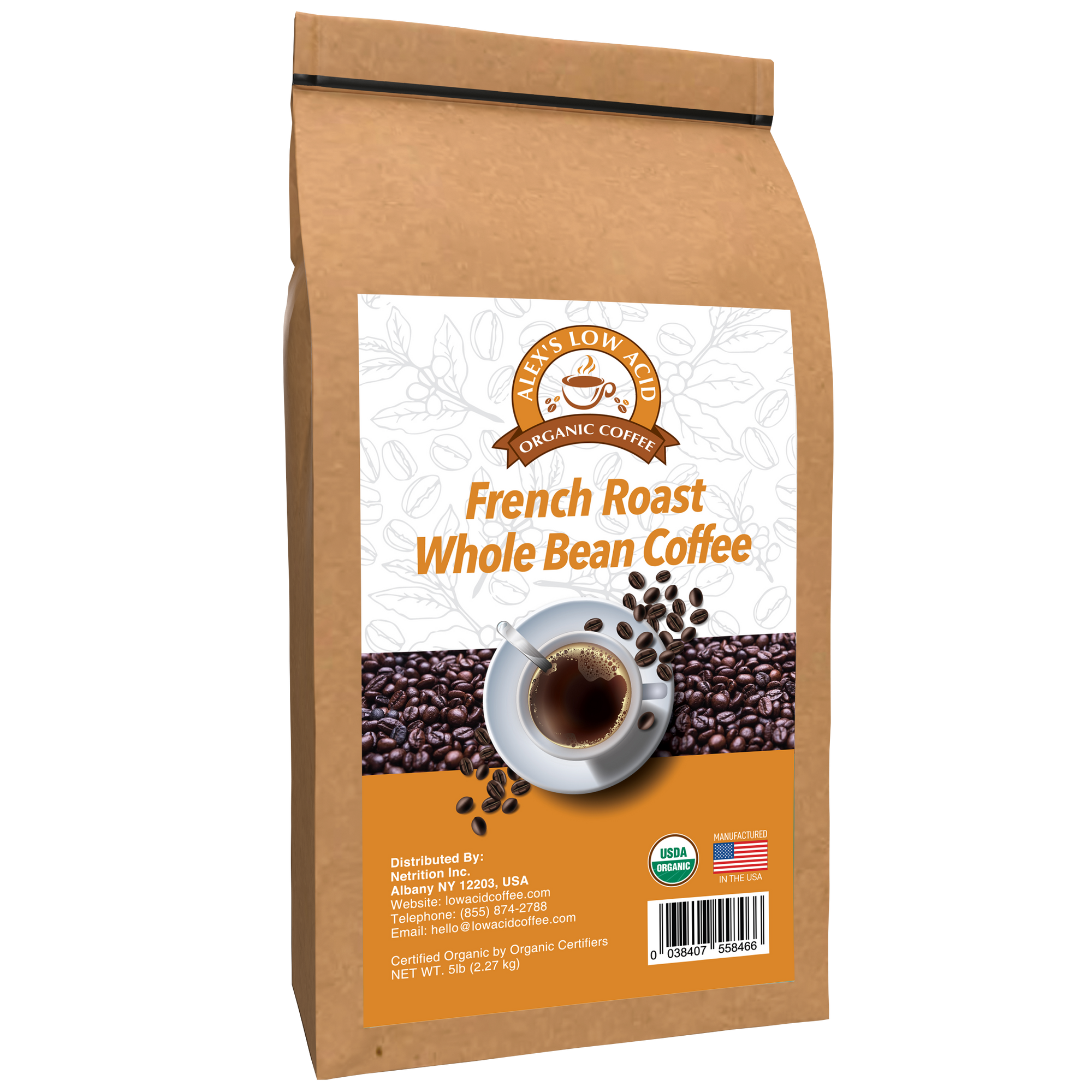 Alex's Low-Acid Organic Coffee™ - French Roast Whole Bean (5lbs)