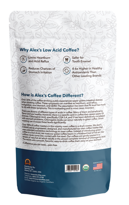 Alex's Low-Acid Organic Coffee™ - Half Caff Whole Bean (12oz)