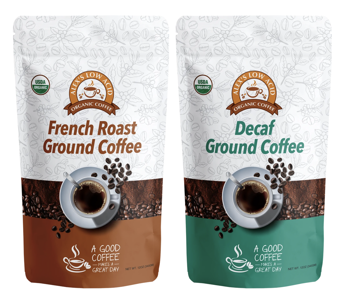 Alex's Low Acid Organic Coffee - Half Caff Fresh Ground (12oz) Size: 12 Bags